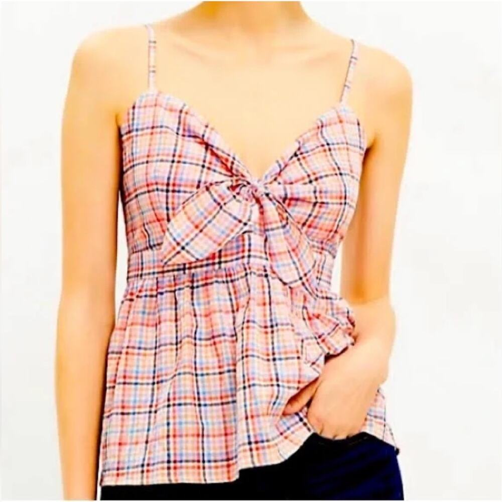LOFT Plaid Cami Tank Top Tie-Front Women’s Large Peplum Blue